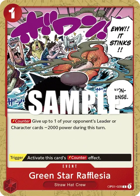 Carte One Piece Green Star Rafflesia OP01-028, extension Romance Dawn (sortie anglaise)