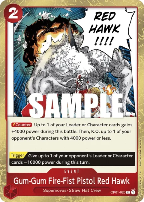 Carte One Piece Gum-Gum Fire-Fist Pistol Red Hawk OP01-026, extension Romance Dawn (sortie anglaise)