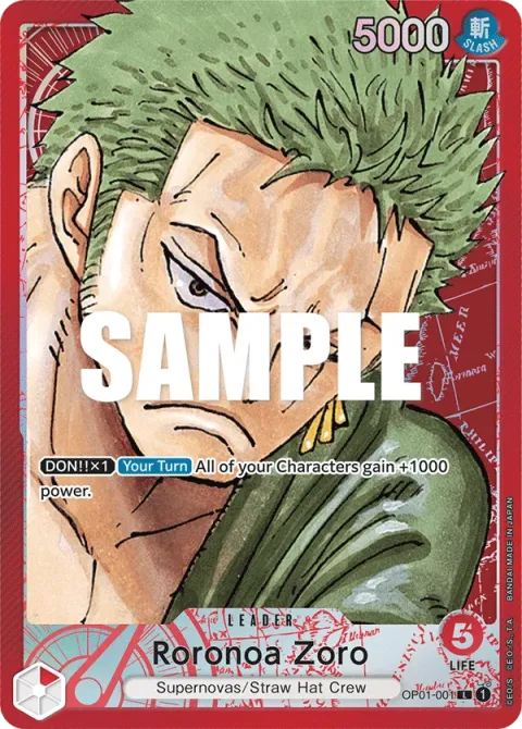 Carte One Piece Roronoa Zoro OP01-001 · parallèle, extension Romance Dawn (sortie anglaise)