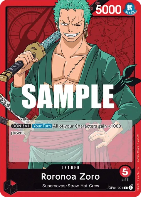Carte One Piece Roronoa Zoro OP01-001, extension Romance Dawn (sortie anglaise)
