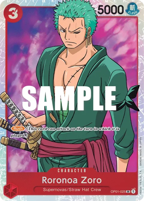 Carte One Piece Roronoa Zoro OP01-025, extension Romance Dawn (sortie anglaise)