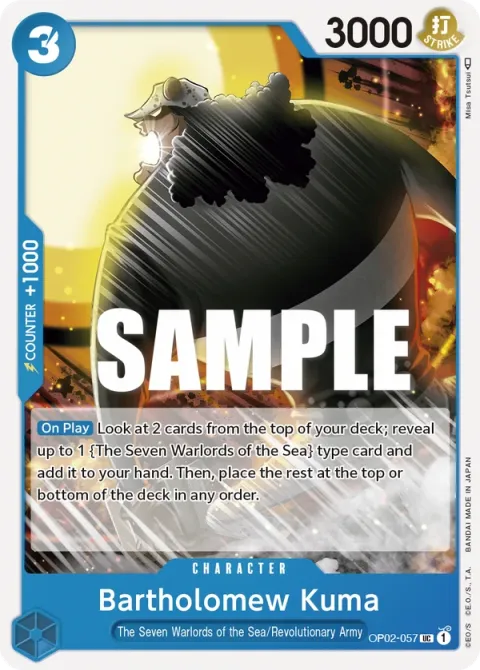Carte One Piece Bartholomew Kuma OP02-057, extension Paramount War (sortie anglaise)