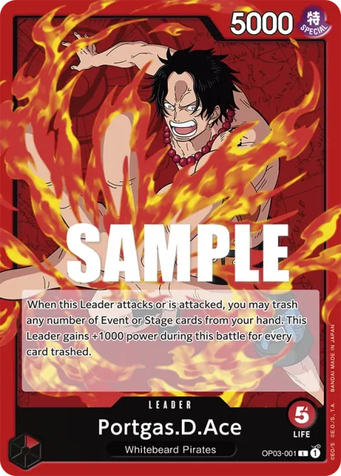 Carte One Piece Portgas.D.Ace OP03-001, extension Pillars of Strength (sortie anglaise)