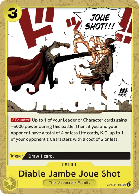 Carte One Piece Diable Jambe Joue Shot OP04-116, extension Kingdoms of Intrigue (sortie anglaise)