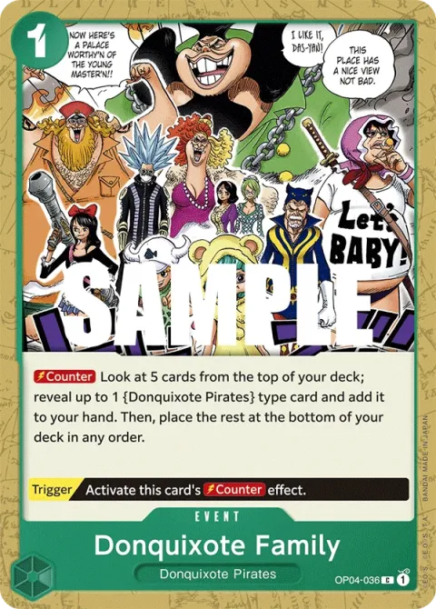 Carte One Piece Donquixote Family OP04-036, extension Kingdoms of Intrigue (sortie anglaise)
