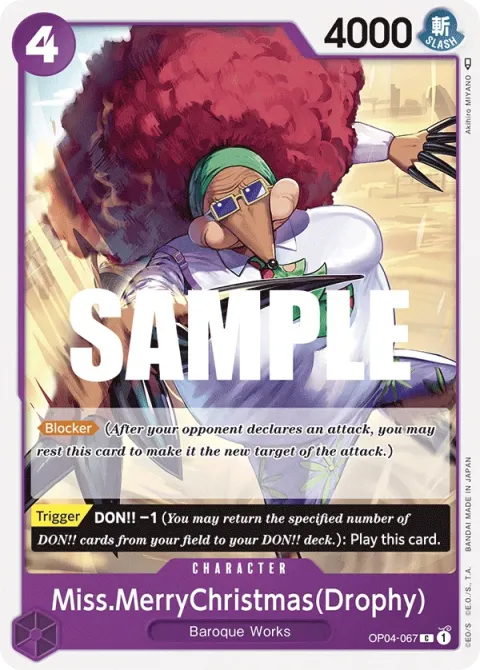 Carte One Piece Miss.MerryChristmas(Drophy) OP04-067, extension Kingdoms of Intrigue (sortie anglaise)