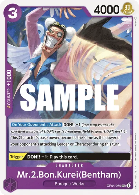 Carte One Piece Mr.2.Bon.Kurei(Bentham) OP04-069, extension Kingdoms of Intrigue (sortie anglaise)