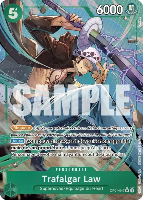 Carte One Piece Trafalgar Law OP01-047 · parallèle 2, extension Kingdoms of Intrigue (sortie anglaise)