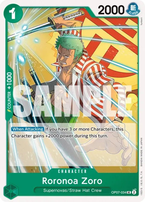 Carte One Piece Roronoa Zoro OP07-034, extension 500 Years in the Future (sortie anglaise)