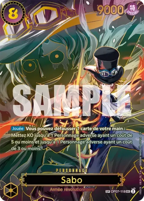 Carte One Piece Sabo OP07-118 · parallèle, extension 500 Years in the Future (sortie anglaise)