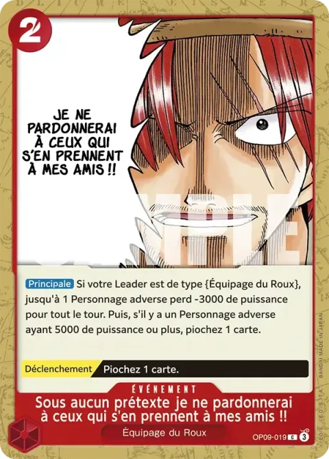 Carte One Piece Sous aucun prétexte je ne pardonnerai à ceux qui s’en prennent à mes amis !! OP09-019, extension Les nouveaux empereurs