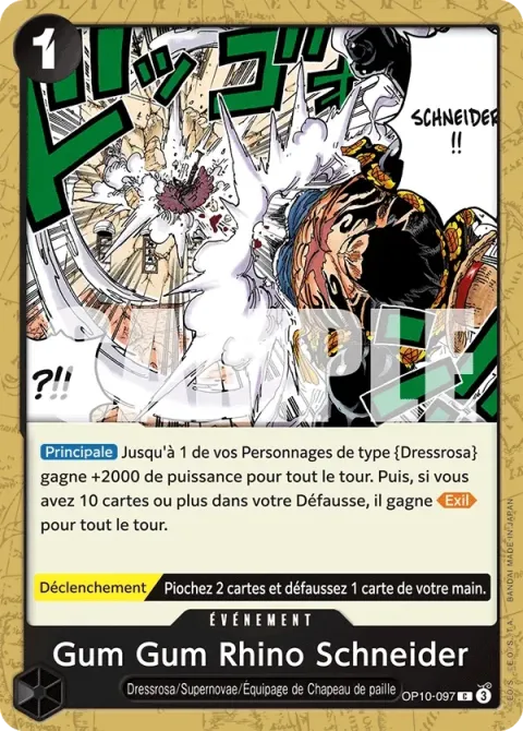 Carte One Piece Gum Gum Rhino Schneider OP10-097, extension Sang royal