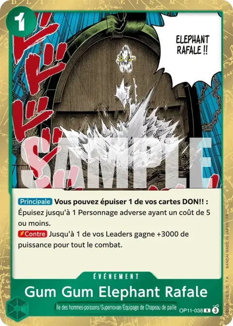 Carte One Piece Gum Gum Elephant Rafale OP11-038, extension Des poings vifs comme l’éclair