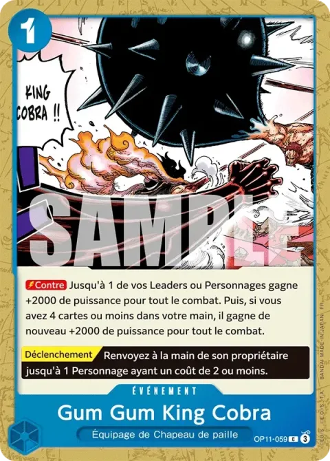 Carte One Piece Gum Gum King Cobra OP11-059, extension Des poings vifs comme l’éclair