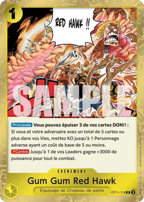 Carte One Piece Gum Gum Red Hawk OP11-114, extension Des poings vifs comme l’éclair