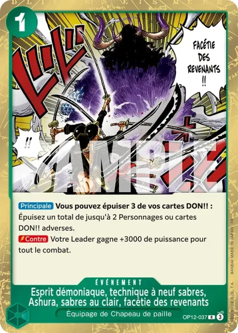 Carte One Piece Esprit démoniaque, technique à neuf sabres, Ashura, sabres au clair, facétie des revenants OP12-037, extension L’héritage du maître