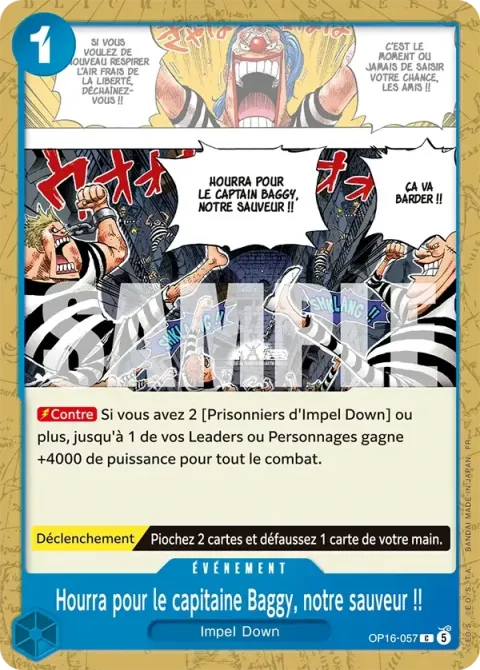 Carte One Piece Hourra pour le capitaine Baggy, notre sauveur !! OP16-057, extension L’heure de la bataille décisive