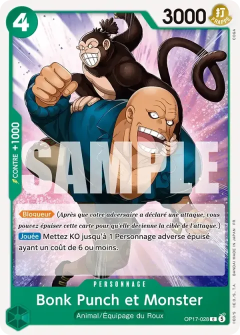 Carte One Piece Bonk Punch et Monster OP17-028, extension Les guerriers les plus puissants au monde
