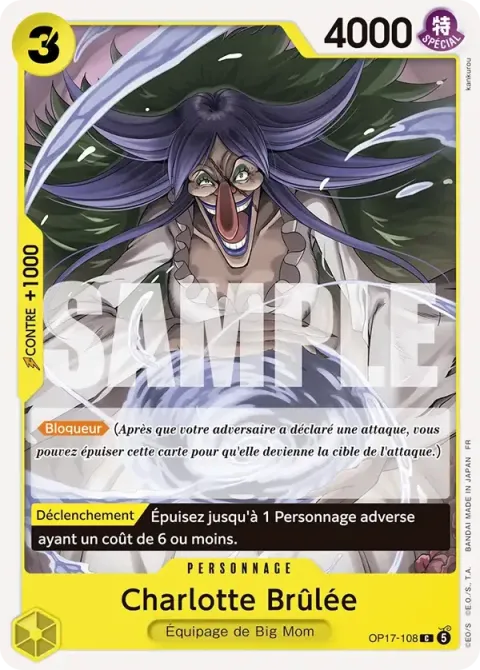 Carte One Piece Charlotte Brûlée OP17-108, extension Les guerriers les plus puissants au monde