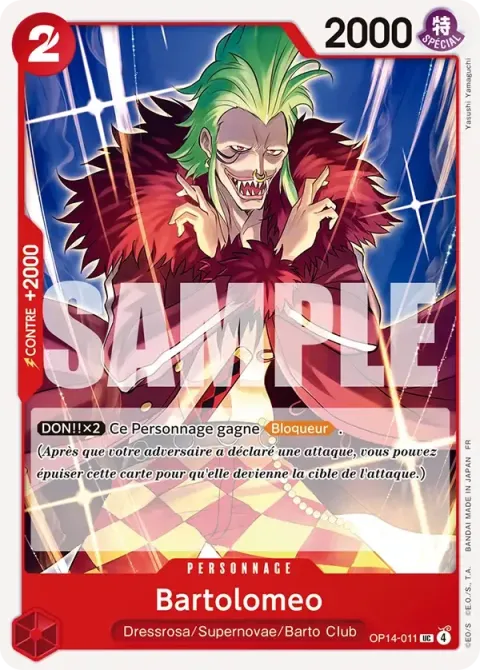 Carte One Piece Bartolomeo OP14-011, extension Les sept de la mer d’azur