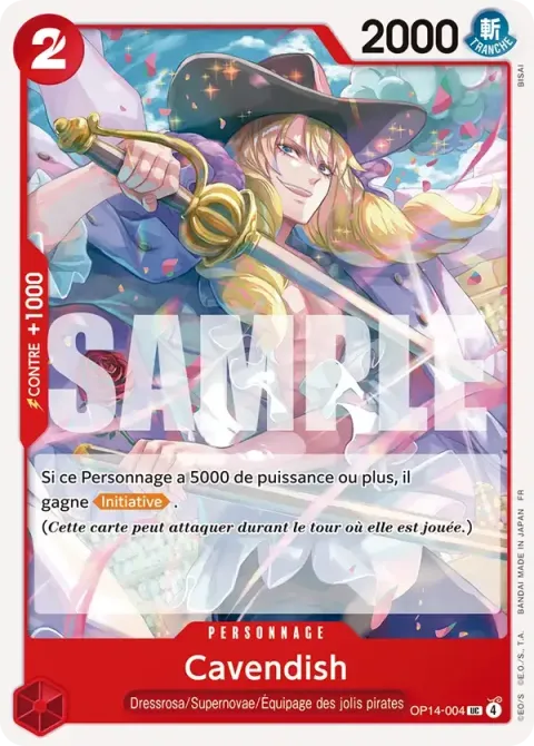 Carte One Piece Cavendish OP14-004, extension Les sept de la mer d’azur