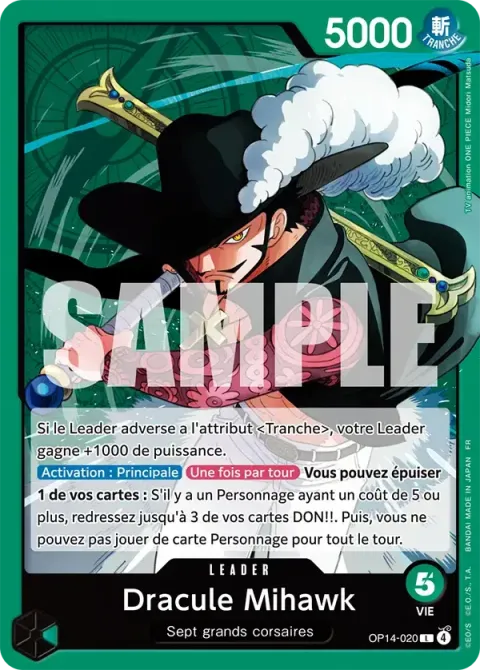 Carte One Piece Dracule Mihawk OP14-020, extension Les sept de la mer d’azur