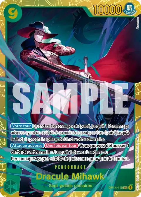 Carte One Piece Dracule Mihawk OP14-119, extension Les sept de la mer d’azur