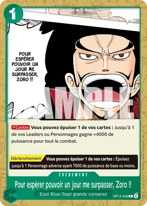 Carte One Piece Pour espérer pouvoir un jour me surpasser, Zoro !! OP14-036, extension Les sept de la mer d’azur