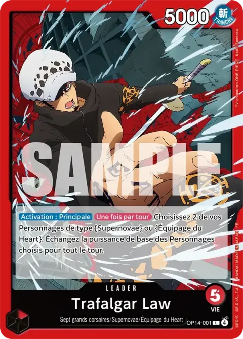 Carte One Piece Trafalgar Law OP14-001, extension Les sept de la mer d’azur