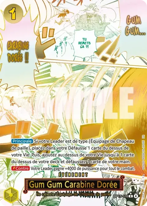 Carte One Piece Gum Gum Carabine Dorée OP15-116 · parallèle, extension Aventure sur l’île de dieu