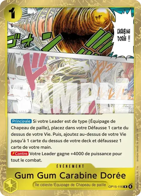 Carte One Piece Gum Gum Carabine Dorée OP15-116, extension Aventure sur l’île de dieu