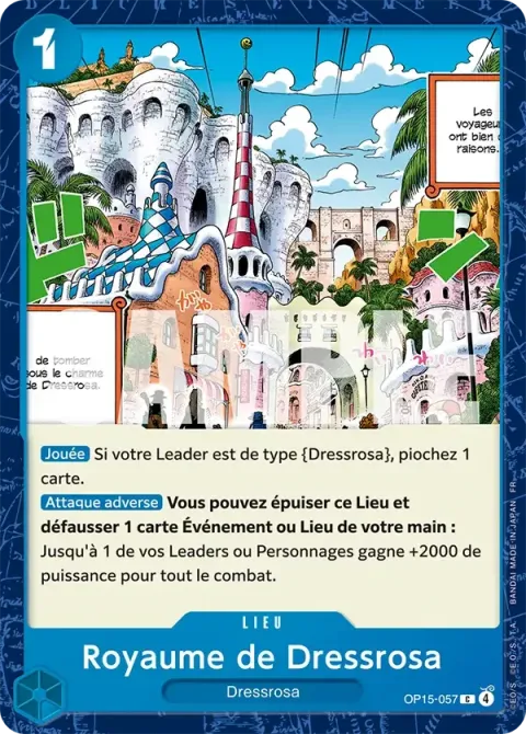 Carte One Piece Royaume de Dressrosa OP15-057, extension Aventure sur l’île de dieu