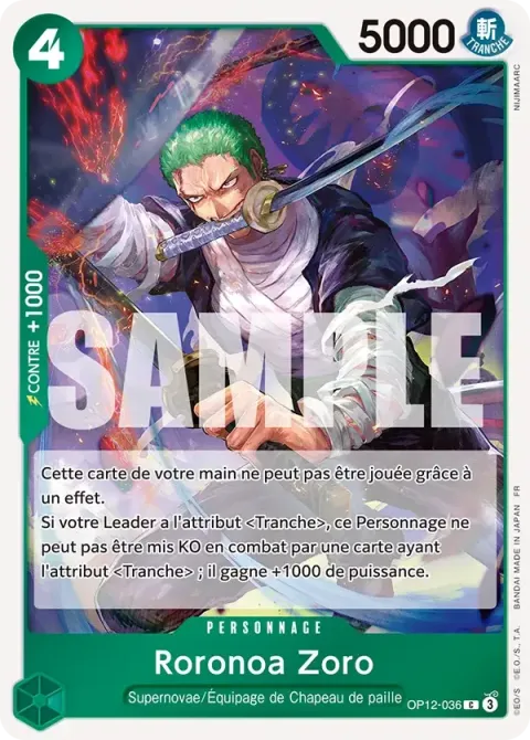 Carte One Piece Roronoa Zoro OP12-036 · parallèle, extension Cartes promo
