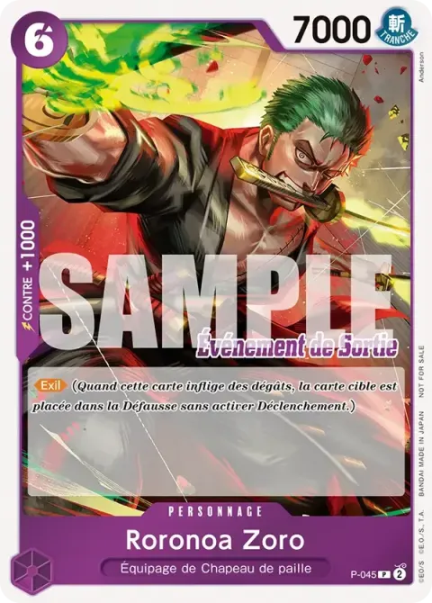 Carte One Piece Roronoa Zoro P-045 · parallèle 2, extension Cartes promo