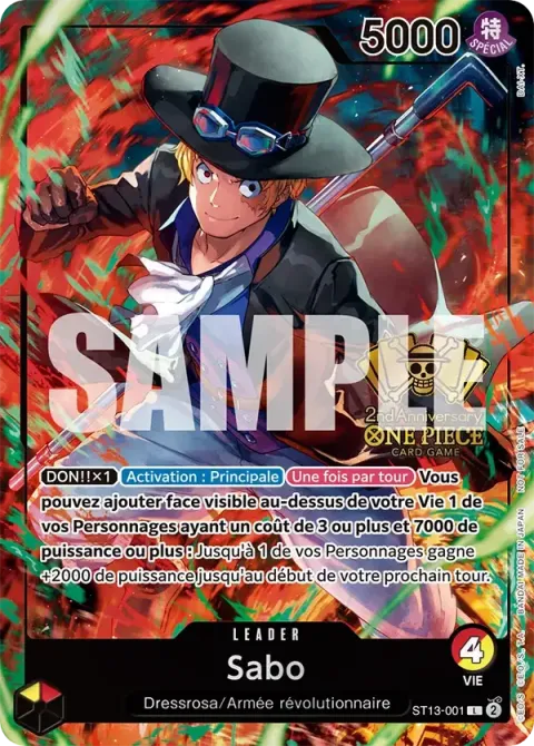 Carte One Piece Sabo ST13-001 · parallèle, extension Deck The Three Brothers (sortie anglaise)