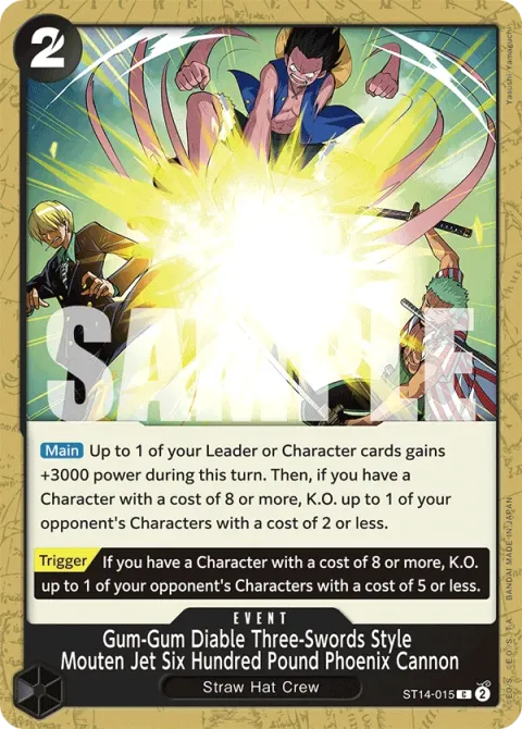 Carte One Piece Gum-Gum Diable Three-Swords Style Mouten Jet Six Hundred Pound Phoenix Cannon ST14-015, extension Deck 3D2Y (sortie anglaise)
