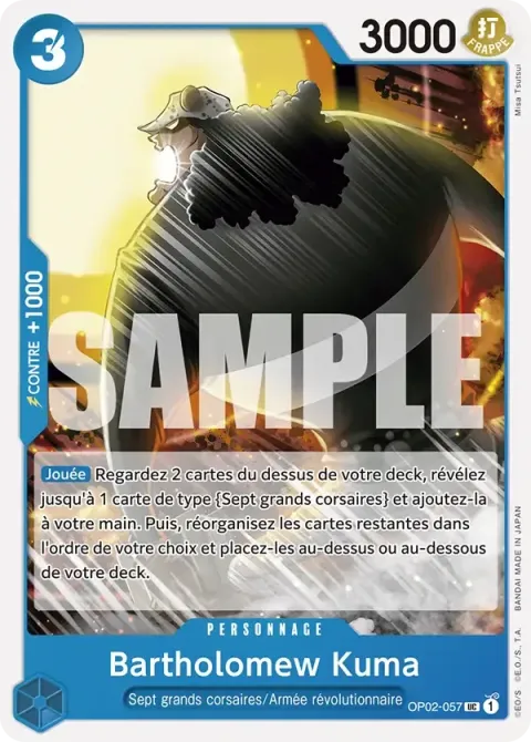 Carte One Piece Bartholomew Kuma OP02-057 · parallèle, extension Deck bleu Don Quijote Doflamingo