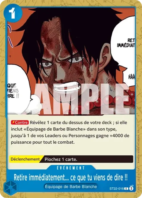 Carte One Piece Retire immédiatement… ce que tu viens de dire !! ST22-016, extension Deck Ace et Newgate
