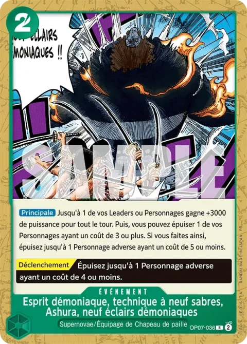Carte One Piece Esprit démoniaque, technique à neuf sabres, Ashura, neuf éclairs démoniaques OP07-036 · parallèle, extension Deck vert Jewelry Bonney