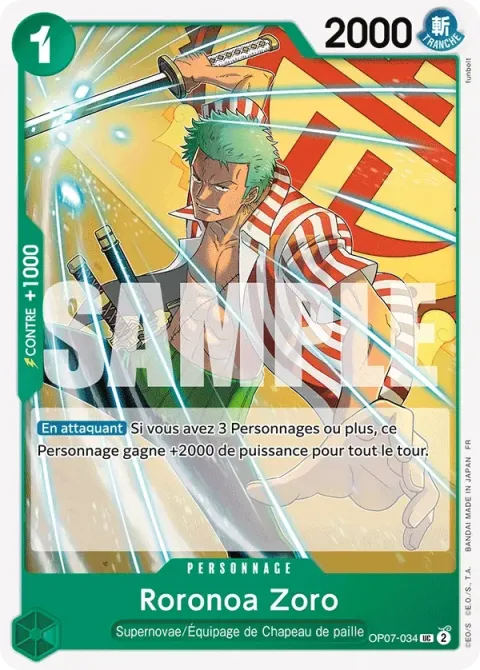 Carte One Piece Roronoa Zoro OP07-034 · parallèle, extension Deck vert Jewelry Bonney