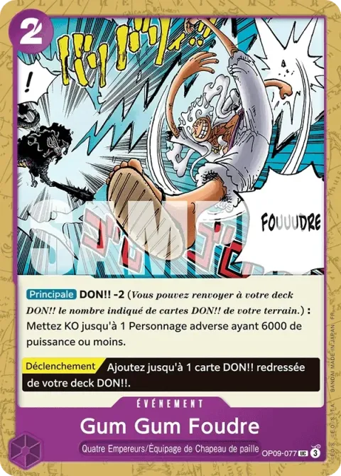 Carte One Piece Gum Gum Foudre OP09-077, extension Deck violet/noir Monkey D. Luffy