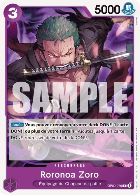 Carte One Piece Roronoa Zoro OP09-076, extension Deck violet/noir Monkey D. Luffy