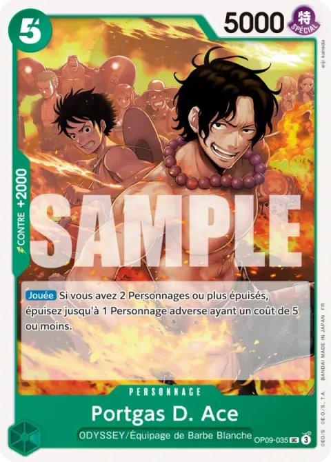Carte One Piece Portgas D. Ace OP09-035, extension Deck vert/jaune Yamato