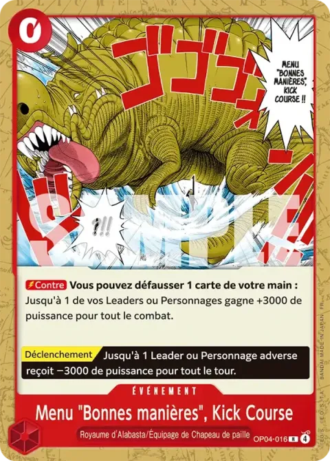 Carte One Piece Menu « Bonnes manières », Kick Course OP04-016 · parallèle 2, extension Deck rouge Monkey D. Luffy