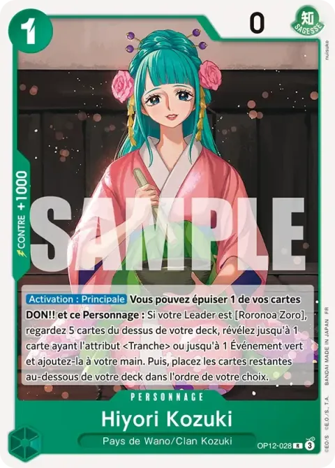 Carte One Piece Hiyori Kozuki OP12-028, extension Deck vert Roronoa Zoro