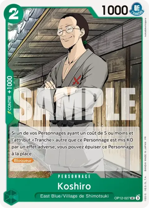 Carte One Piece Koshiro OP12-027, extension Deck vert Roronoa Zoro