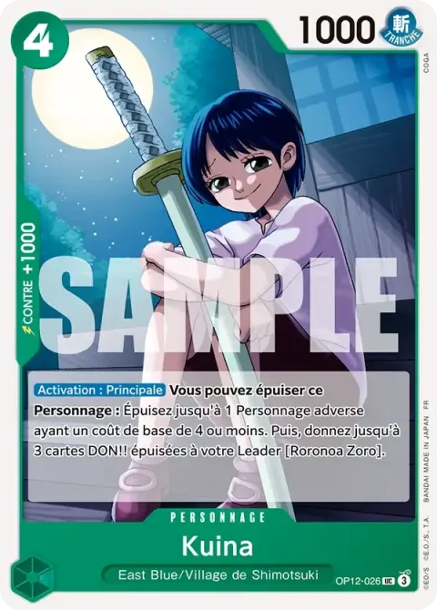Carte One Piece Kuina OP12-026, extension Deck vert Roronoa Zoro