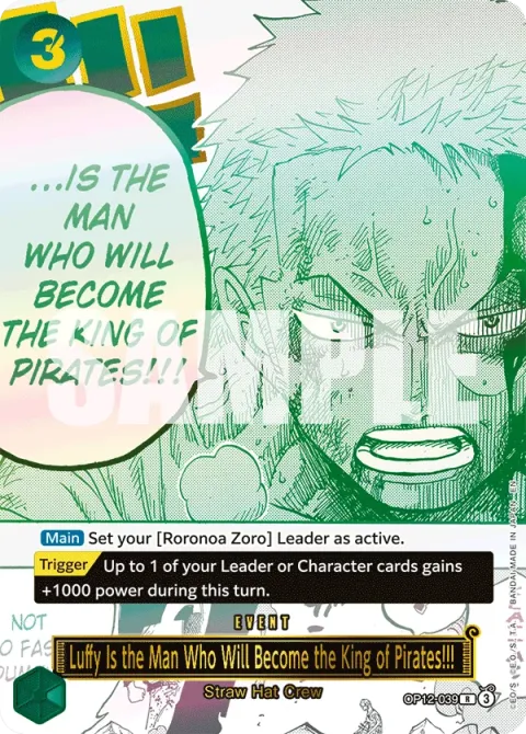 Carte One Piece Luffy Is the Man Who Will Become the King of Pirates!!! OP12-039 · parallèle, extension Deck vert Roronoa Zoro