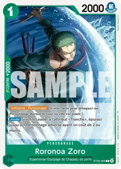 Carte One Piece Roronoa Zoro ST32-005, extension Deck vert Roronoa Zoro