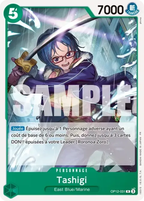 Carte One Piece Tashigi OP12-031, extension Deck vert Roronoa Zoro